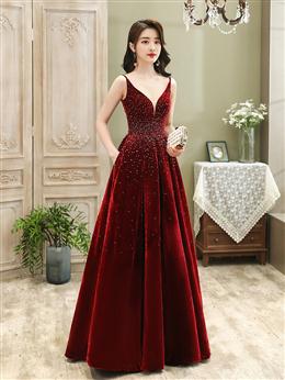 Picture of Wine Red Color Velvet Straps Long Evening Dresses, Floor Length  Prom Dresses, Paty Dresses